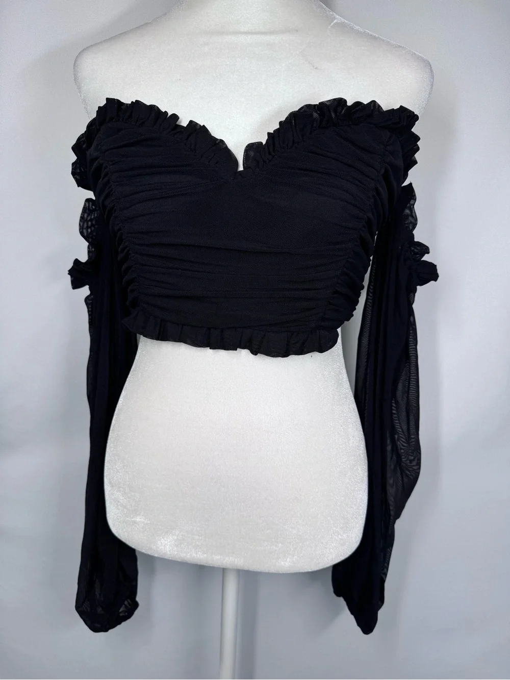 MABLE Black Ruched Mesh Off The Shoulder Crop Top Romantic Coquette Size